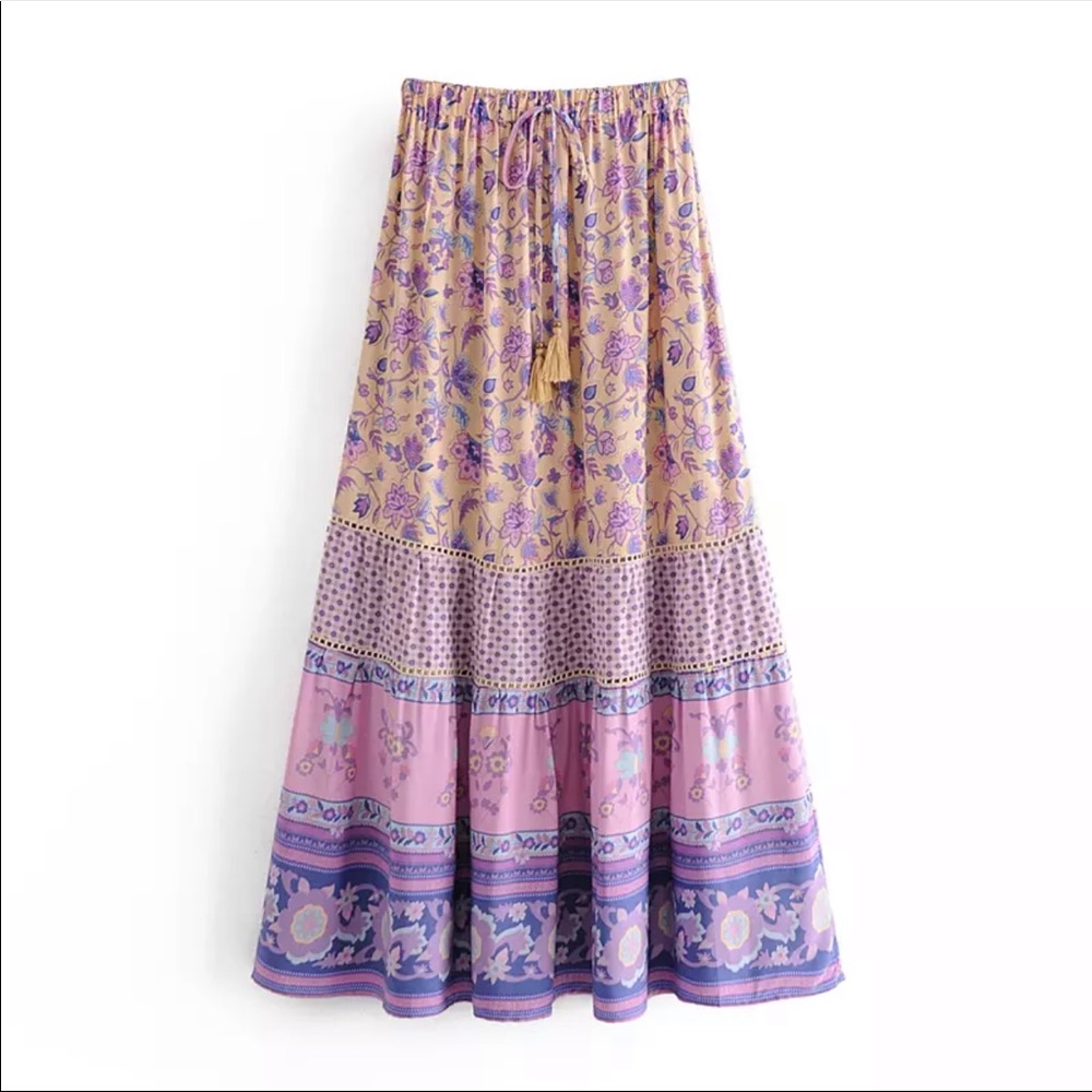Boho Gypsy Floral Print Maxi Skirt Purple Pink - Picture 8 of 12